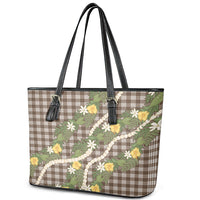 Aloha Puakenikeni Anthurium Pikake Lei Leather Tote Bag Chocolate Hawaiian Palaka Pattern LT9 - Polynesian Pride