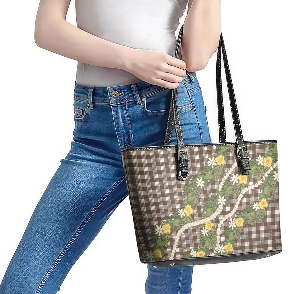Aloha Puakenikeni Anthurium Pikake Lei Leather Tote Bag Chocolate Hawaiian Palaka Pattern LT9 - Polynesian Pride