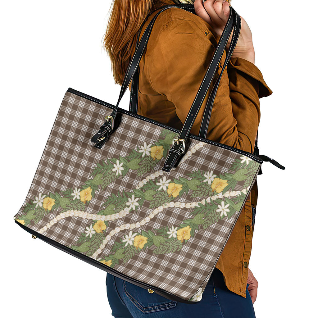 Aloha Puakenikeni Anthurium Pikake Lei Leather Tote Bag Chocolate Hawaiian Palaka Pattern LT9 - Polynesian Pride