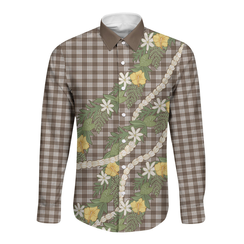 Aloha Puakenikeni Anthurium Pikake Lei Long Sleeve Button Shirt Chocolate Hawaiian Palaka Pattern LT9 Unisex Chocolate - Polynesian Pride