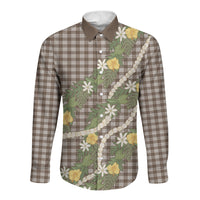 Aloha Puakenikeni Anthurium Pikake Lei Long Sleeve Button Shirt Chocolate Hawaiian Palaka Pattern LT9 Unisex Chocolate - Polynesian Pride