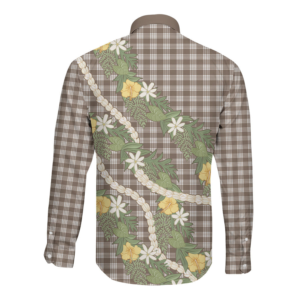 Aloha Puakenikeni Anthurium Pikake Lei Long Sleeve Button Shirt Chocolate Hawaiian Palaka Pattern LT9 - Polynesian Pride