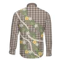Aloha Puakenikeni Anthurium Pikake Lei Long Sleeve Button Shirt Chocolate Hawaiian Palaka Pattern LT9 - Polynesian Pride