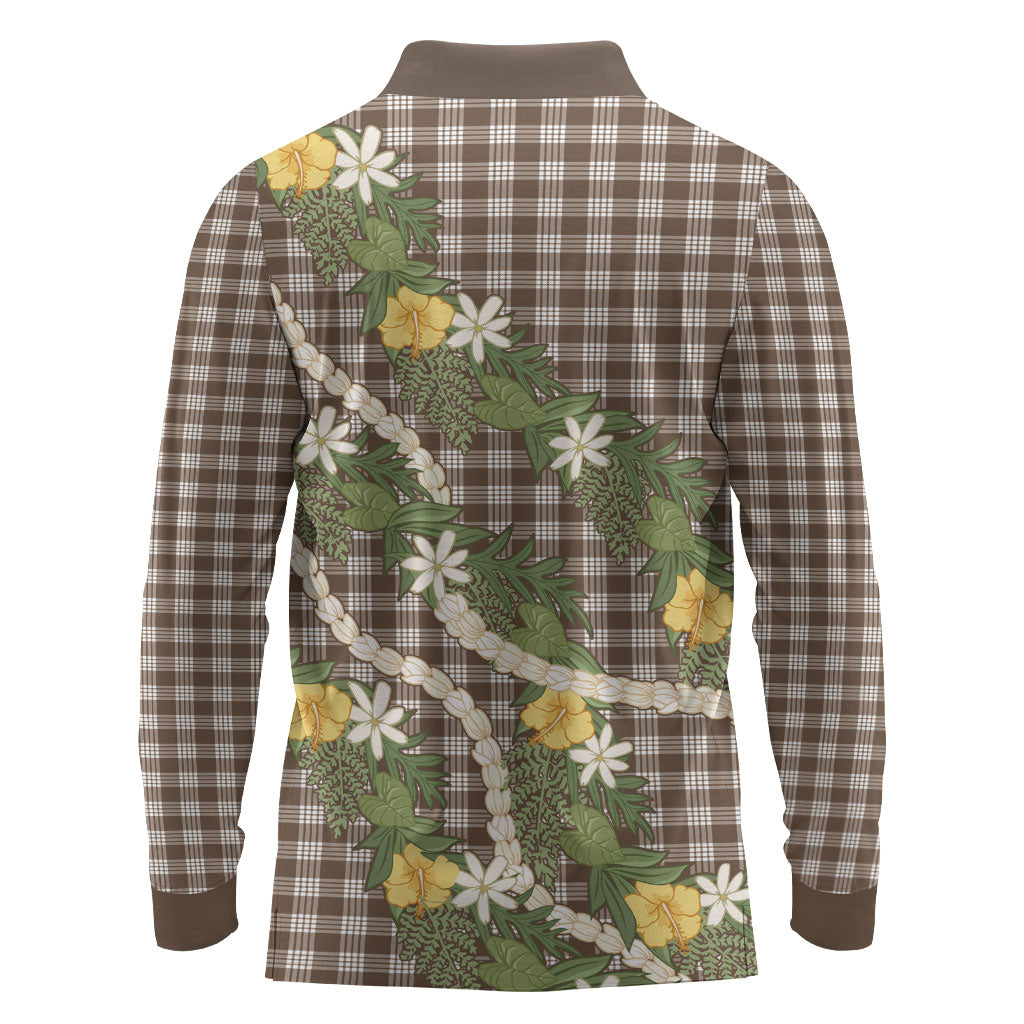 Aloha Puakenikeni Anthurium Pikake Lei Long Sleeve Polo Shirt Chocolate Hawaiian Palaka Pattern