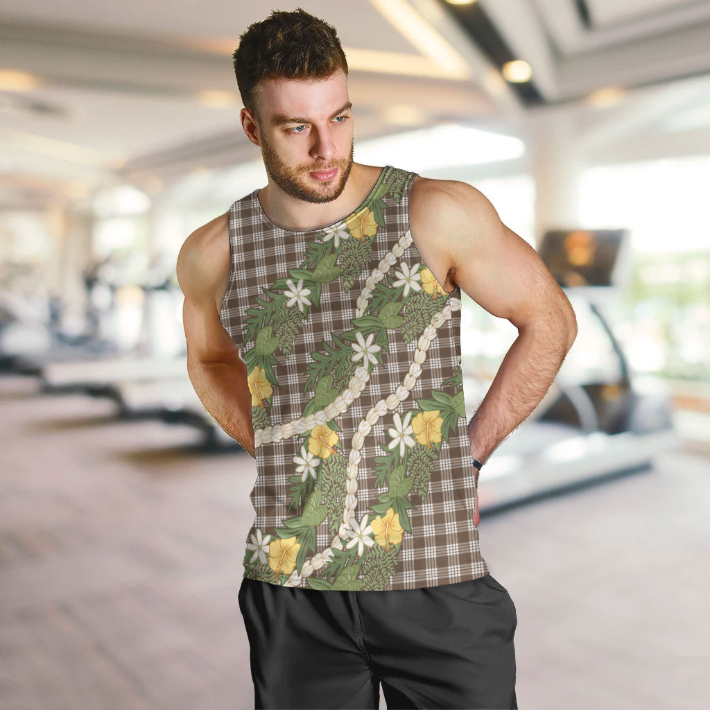 Aloha Puakenikeni Anthurium Pikake Lei Men Tank Top Chocolate Hawaiian Palaka Pattern LT9 Chocolate - Polynesian Pride