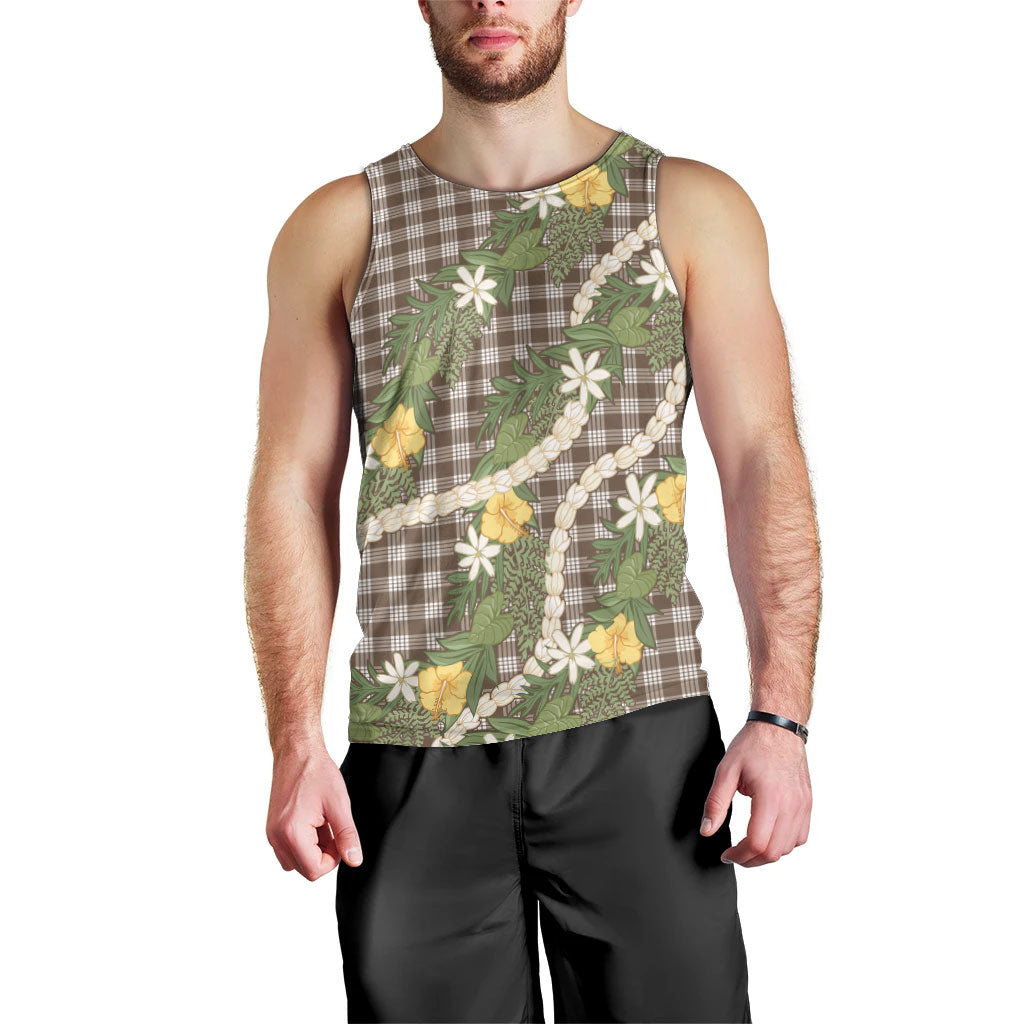 Aloha Puakenikeni Anthurium Pikake Lei Men Tank Top Chocolate Hawaiian Palaka Pattern LT9 - Polynesian Pride