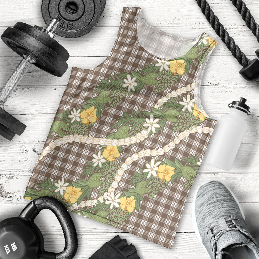 Aloha Puakenikeni Anthurium Pikake Lei Men Tank Top Chocolate Hawaiian Palaka Pattern LT9 - Polynesian Pride