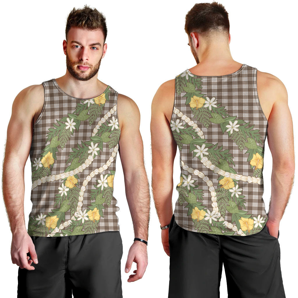 Aloha Puakenikeni Anthurium Pikake Lei Men Tank Top Chocolate Hawaiian Palaka Pattern LT9 - Polynesian Pride