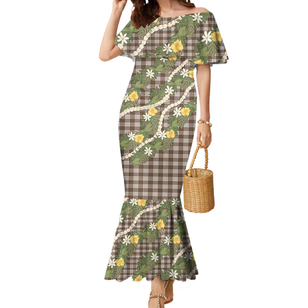 Aloha Puakenikeni Anthurium Pikake Lei Mermaid Dress Chocolate Hawaiian Palaka Pattern