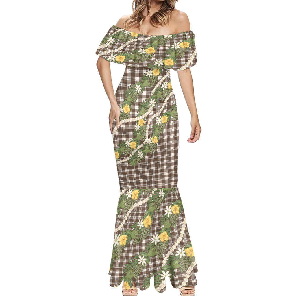 Aloha Puakenikeni Anthurium Pikake Lei Mermaid Dress Chocolate Hawaiian Palaka Pattern