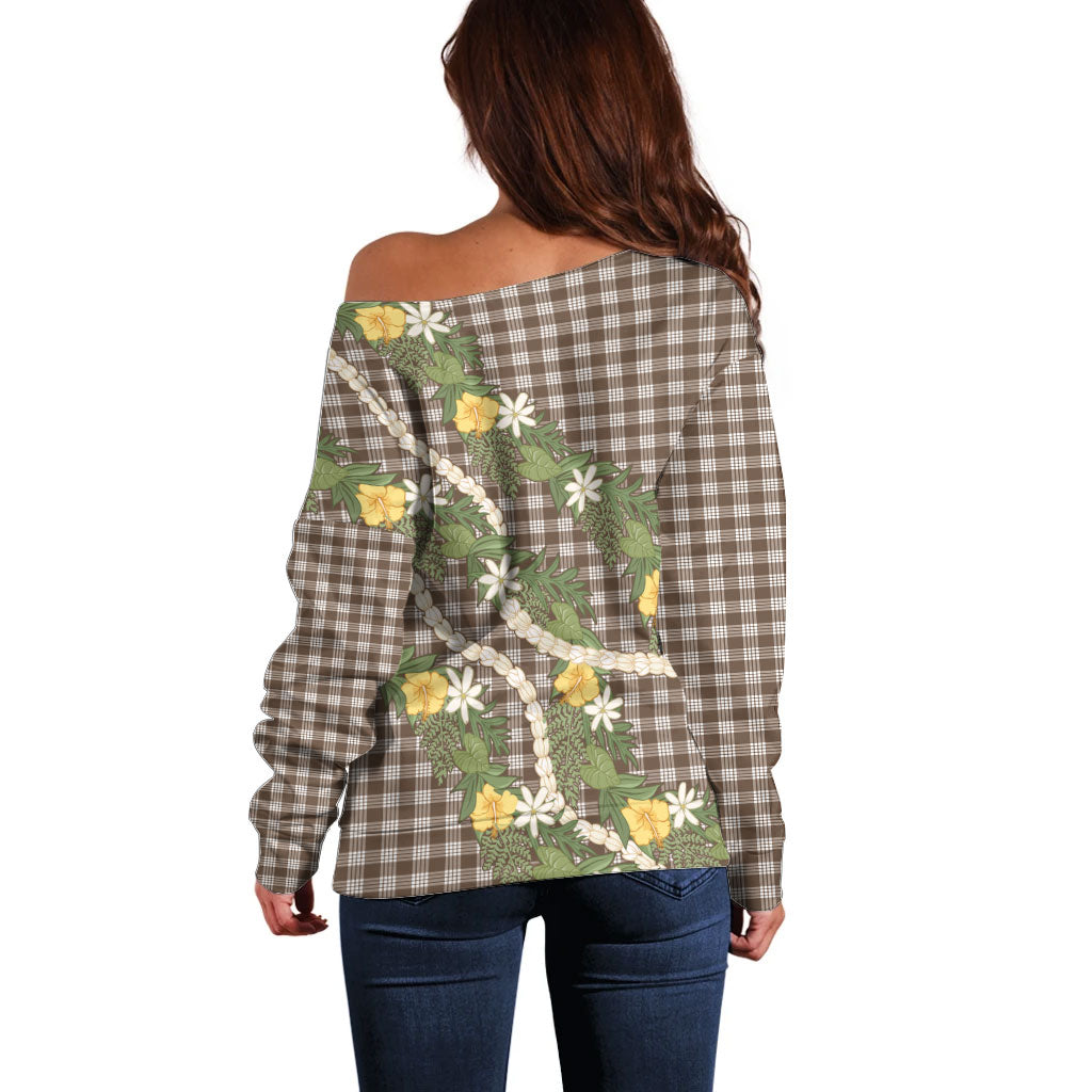 Aloha Puakenikeni Anthurium Pikake Lei Off Shoulder Sweater Chocolate Hawaiian Palaka Pattern