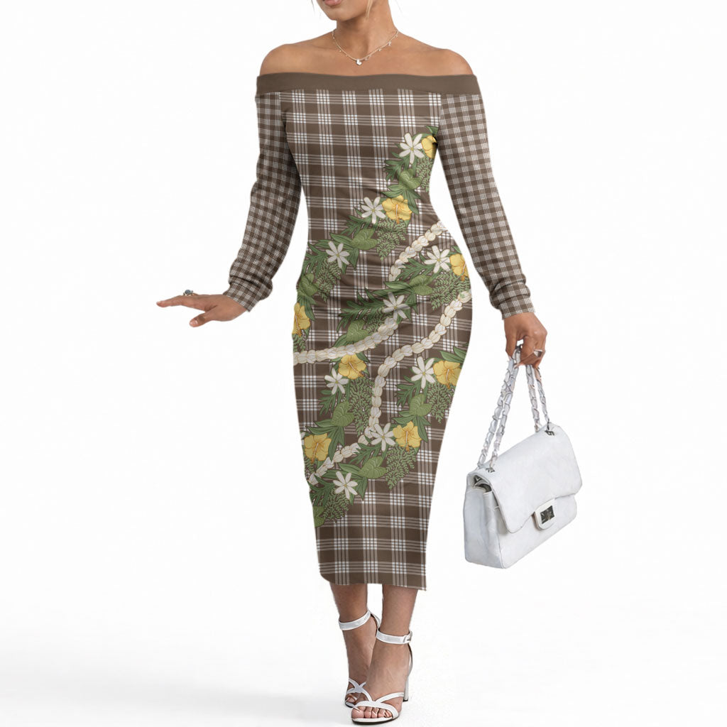 Aloha Puakenikeni Anthurium Pikake Lei Off The Shoulder Long Sleeve Dress Chocolate Hawaiian Palaka Pattern LT9 Women Chocolate - Polynesian Pride