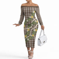 Aloha Puakenikeni Anthurium Pikake Lei Off The Shoulder Long Sleeve Dress Chocolate Hawaiian Palaka Pattern LT9 Women Chocolate - Polynesian Pride