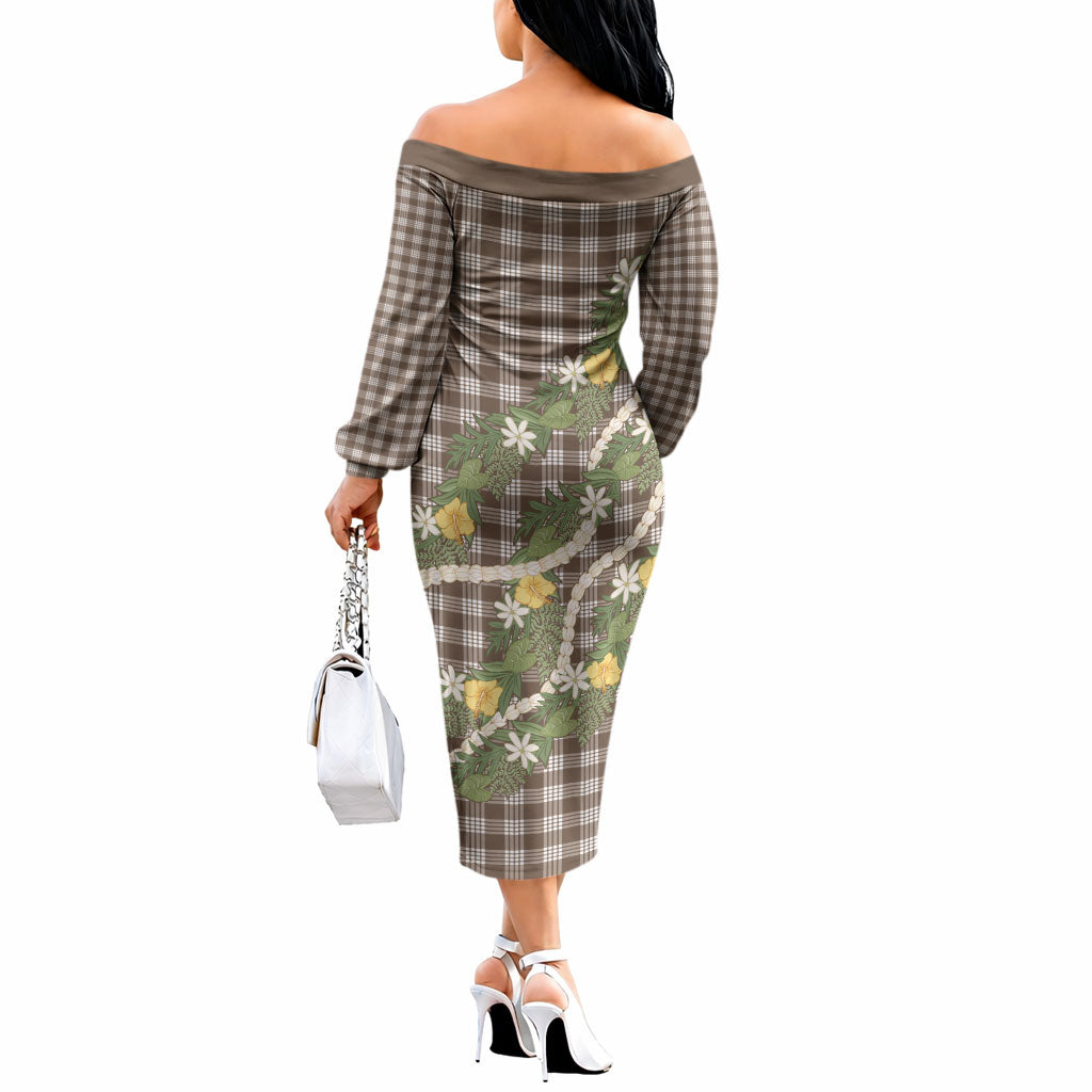 Aloha Puakenikeni Anthurium Pikake Lei Off The Shoulder Long Sleeve Dress Chocolate Hawaiian Palaka Pattern LT9 - Polynesian Pride