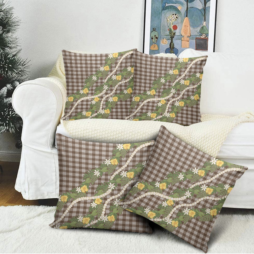 Aloha Puakenikeni Anthurium Pikake Lei Pillow Cover Chocolate Hawaiian Palaka Pattern