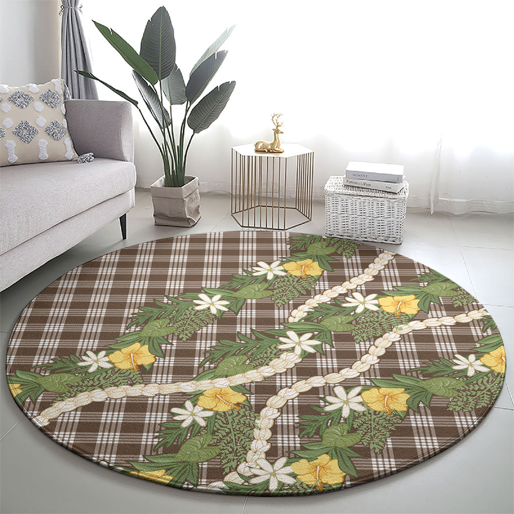 Aloha Puakenikeni Anthurium Pikake Lei Round Carpet Chocolate Hawaiian Palaka Pattern LT9 - Polynesian Pride