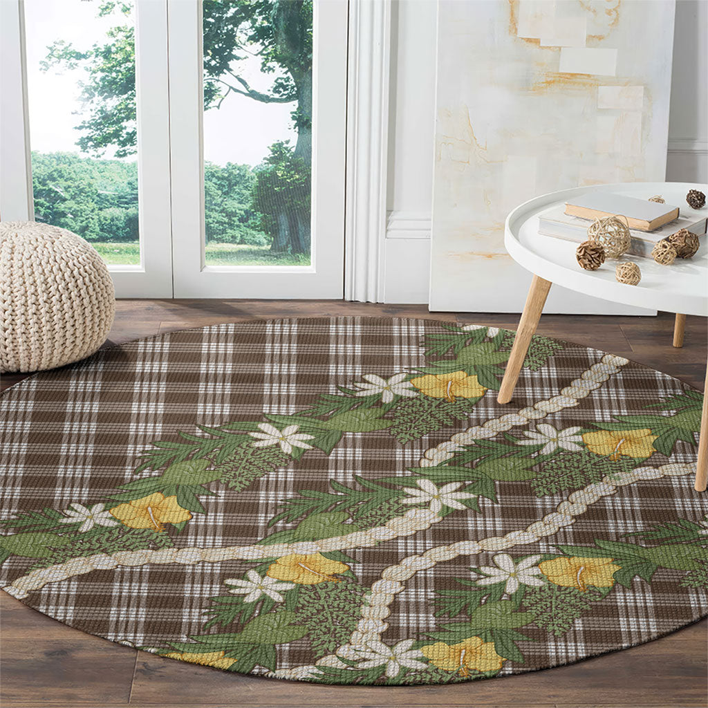 Aloha Puakenikeni Anthurium Pikake Lei Round Carpet Chocolate Hawaiian Palaka Pattern LT9 - Polynesian Pride