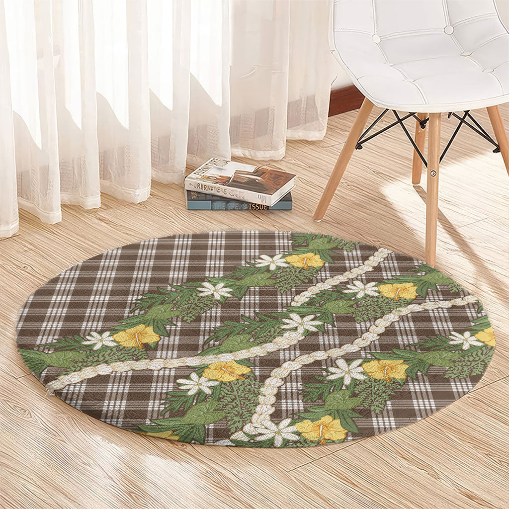 Aloha Puakenikeni Anthurium Pikake Lei Round Carpet Chocolate Hawaiian Palaka Pattern LT9 - Polynesian Pride