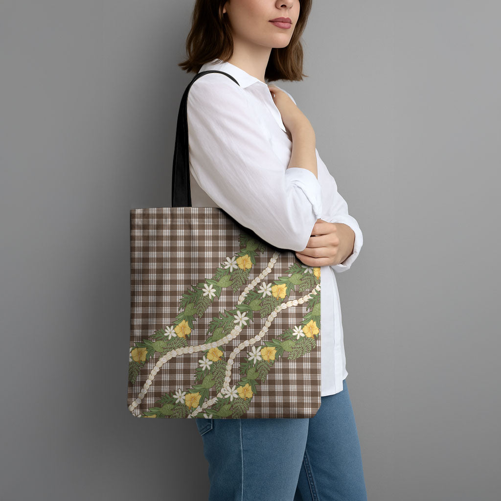 Aloha Puakenikeni Anthurium Pikake Lei Tote Bag Chocolate Hawaiian Palaka Pattern LT9 - Polynesian Pride