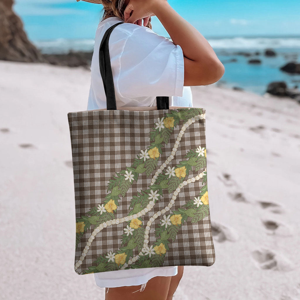 Aloha Puakenikeni Anthurium Pikake Lei Tote Bag Chocolate Hawaiian Palaka Pattern LT9 - Polynesian Pride