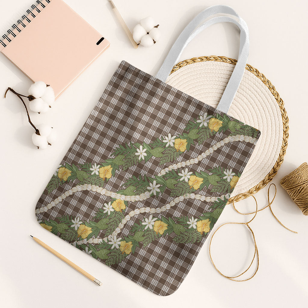 Aloha Puakenikeni Anthurium Pikake Lei Tote Bag Chocolate Hawaiian Palaka Pattern LT9 White Strap One Size Chocolate - Polynesian Pride