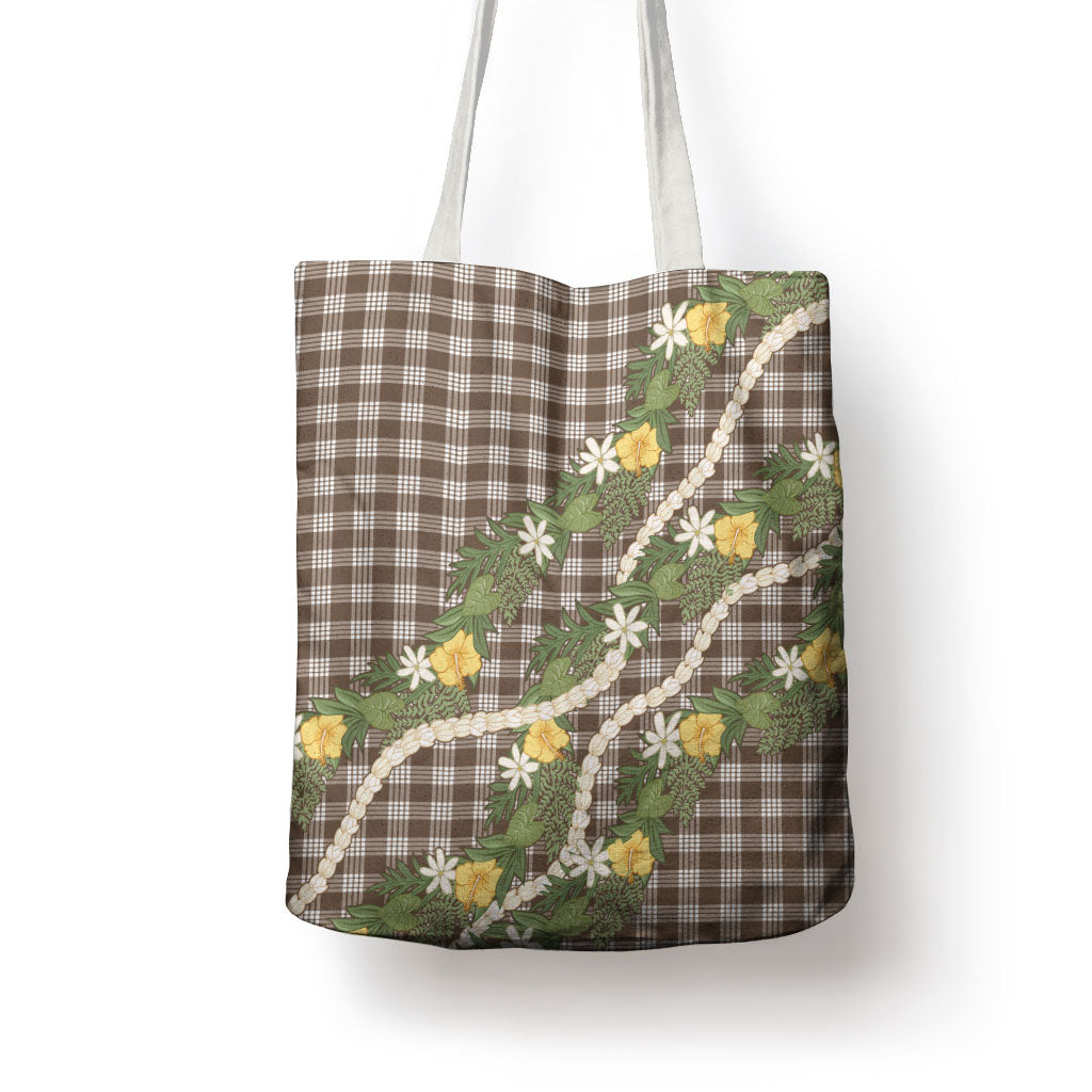 Aloha Puakenikeni Anthurium Pikake Lei Tote Bag Chocolate Hawaiian Palaka Pattern LT9 - Polynesian Pride