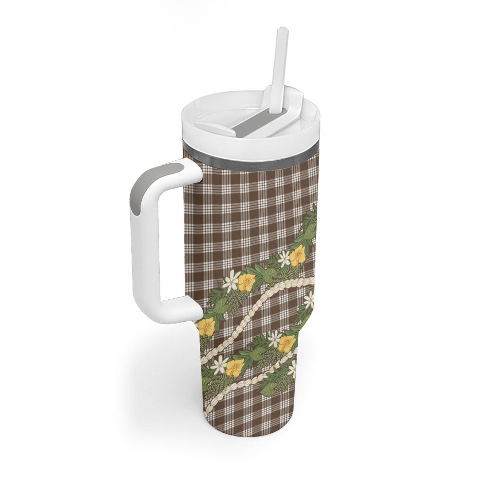 Aloha Puakenikeni Anthurium Pikake Lei Tumbler With Handle Chocolate Hawaiian Palaka Pattern