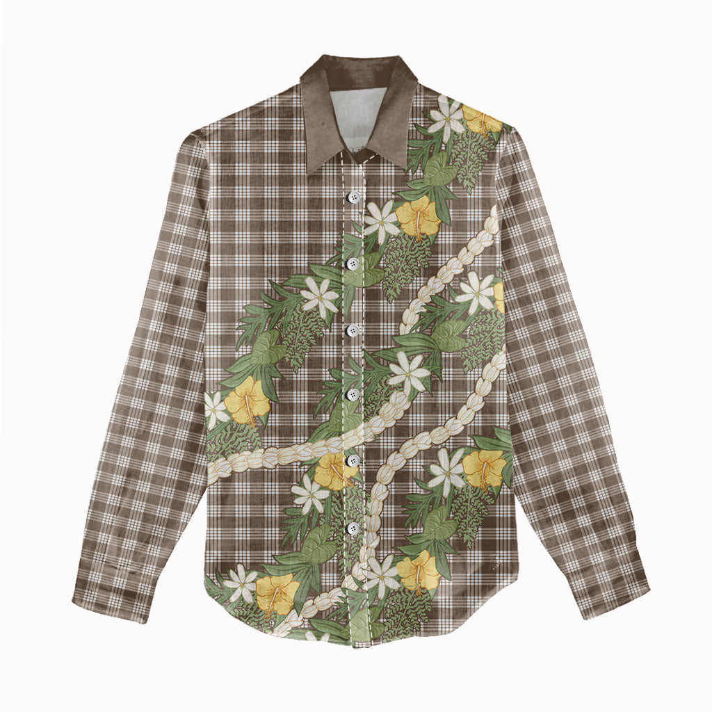 Aloha Puakenikeni Anthurium Pikake Lei Women Casual Shirt Chocolate Hawaiian Palaka Pattern LT9 - Polynesian Pride
