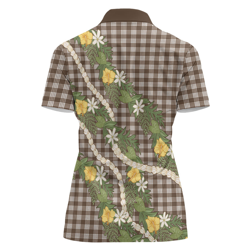 Aloha Puakenikeni Anthurium Pikake Lei Women Polo Shirt Chocolate Hawaiian Palaka Pattern LT9 - Polynesian Pride