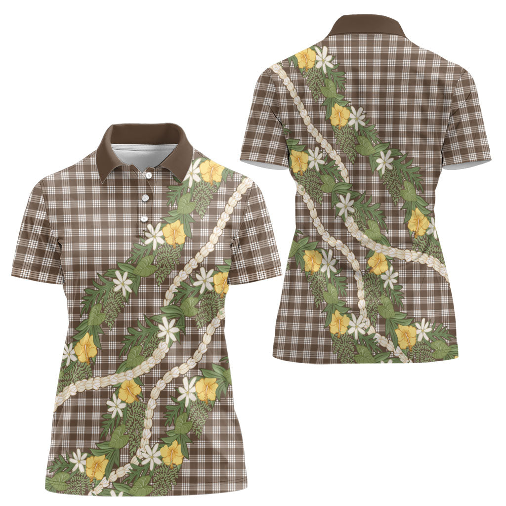 Aloha Puakenikeni Anthurium Pikake Lei Women Polo Shirt Chocolate Hawaiian Palaka Pattern LT9 - Polynesian Pride