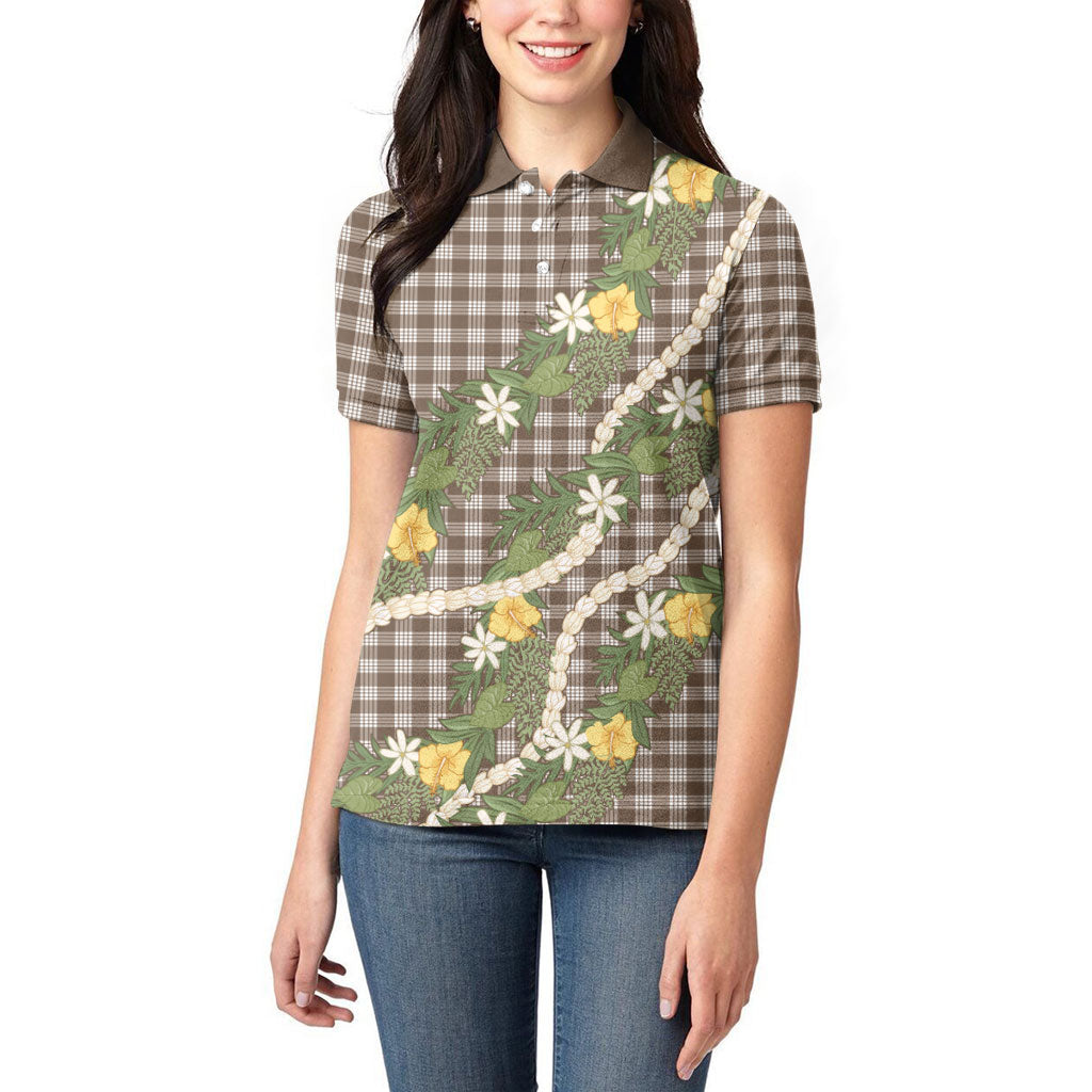 Aloha Puakenikeni Anthurium Pikake Lei Women Polo Shirt Chocolate Hawaiian Palaka Pattern LT9 - Polynesian Pride
