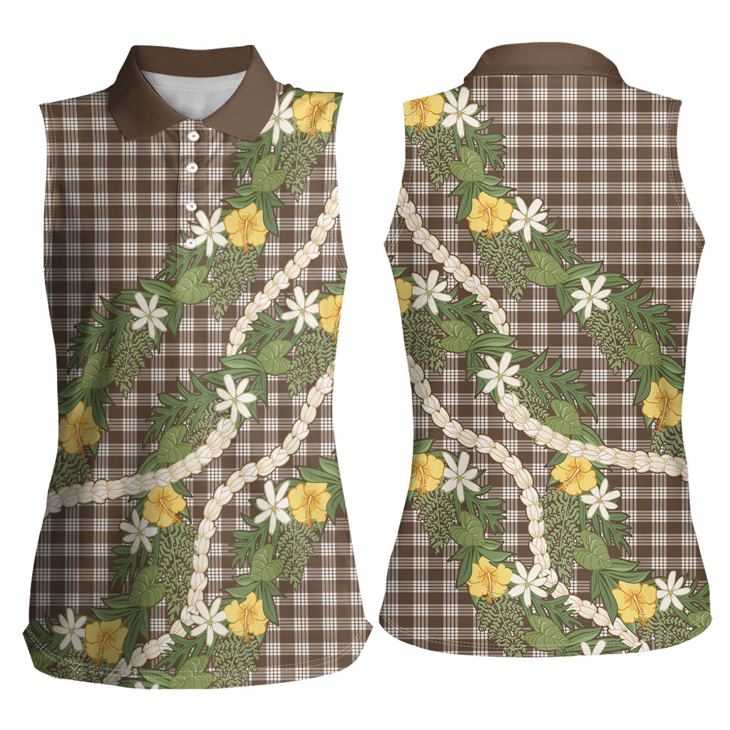 Aloha Puakenikeni Anthurium Pikake Lei Women Sleeveless Polo Shirt Chocolate Hawaiian Palaka Pattern