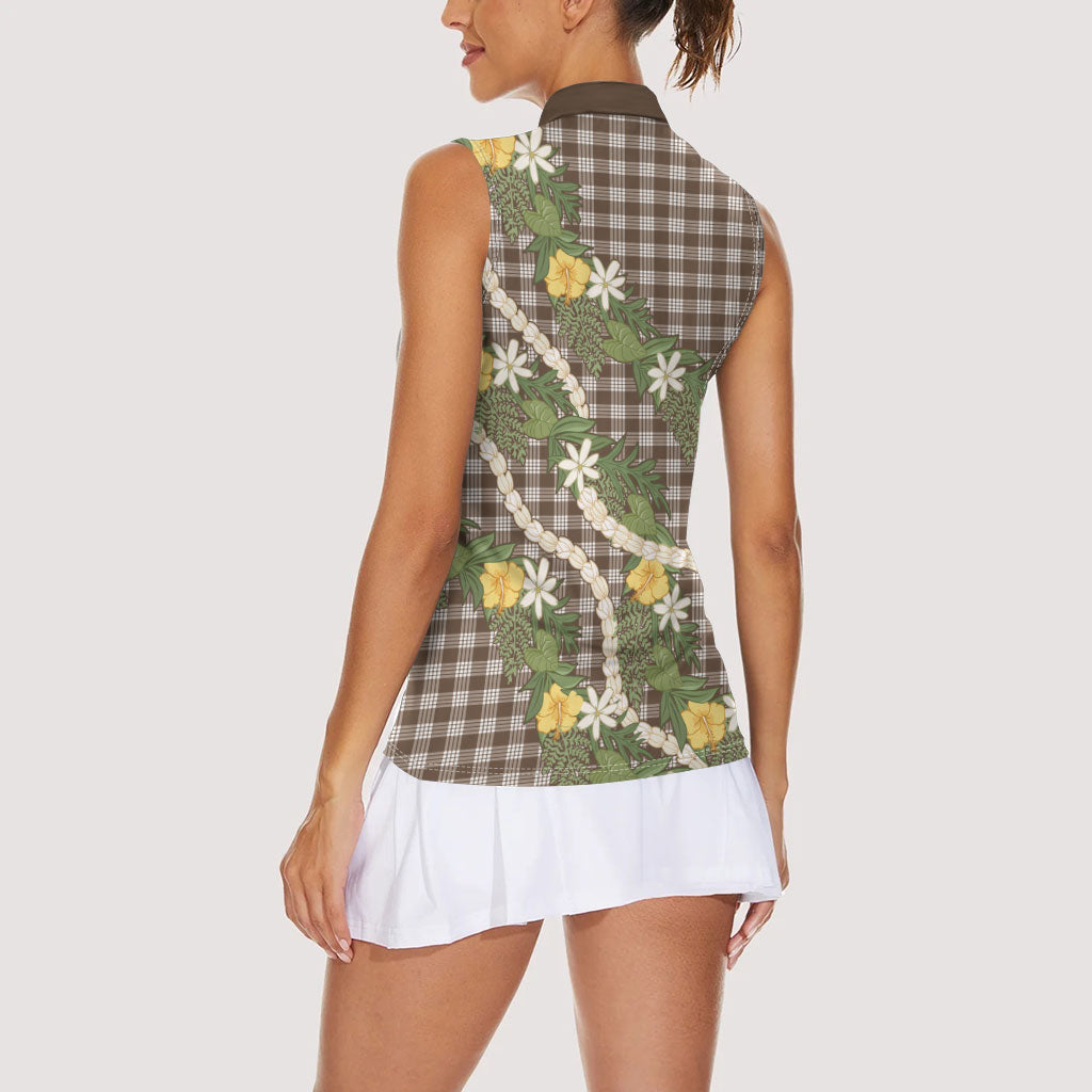 Aloha Puakenikeni Anthurium Pikake Lei Women Sleeveless Polo Shirt Chocolate Hawaiian Palaka Pattern