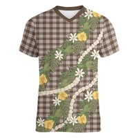 Aloha Puakenikeni Anthurium Pikake Lei Women V-Neck T-Shirt Chocolate Hawaiian Palaka Pattern LT9 Female Chocolate - Polynesian Pride