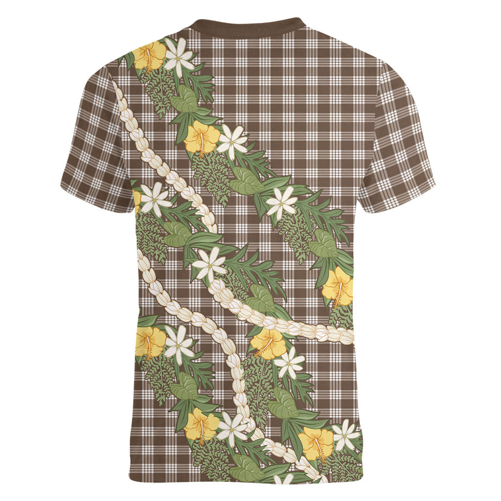 Aloha Puakenikeni Anthurium Pikake Lei Women V-Neck T-Shirt Chocolate Hawaiian Palaka Pattern LT9 - Polynesian Pride