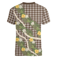 Aloha Puakenikeni Anthurium Pikake Lei Women V-Neck T-Shirt Chocolate Hawaiian Palaka Pattern LT9 - Polynesian Pride