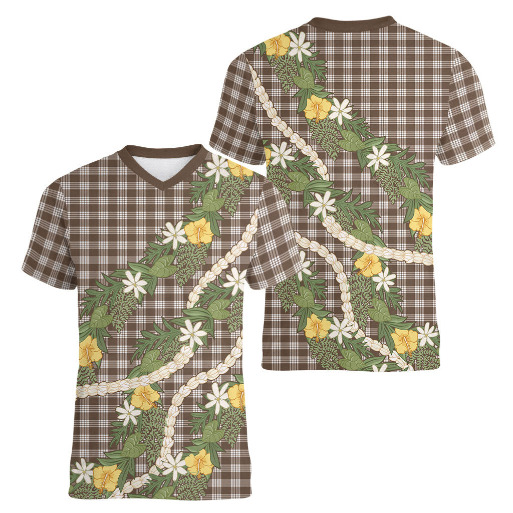 Aloha Puakenikeni Anthurium Pikake Lei Women V-Neck T-Shirt Chocolate Hawaiian Palaka Pattern LT9 - Polynesian Pride