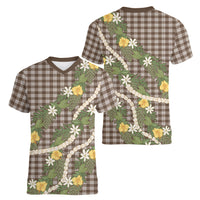 Aloha Puakenikeni Anthurium Pikake Lei Women V-Neck T-Shirt Chocolate Hawaiian Palaka Pattern LT9 - Polynesian Pride
