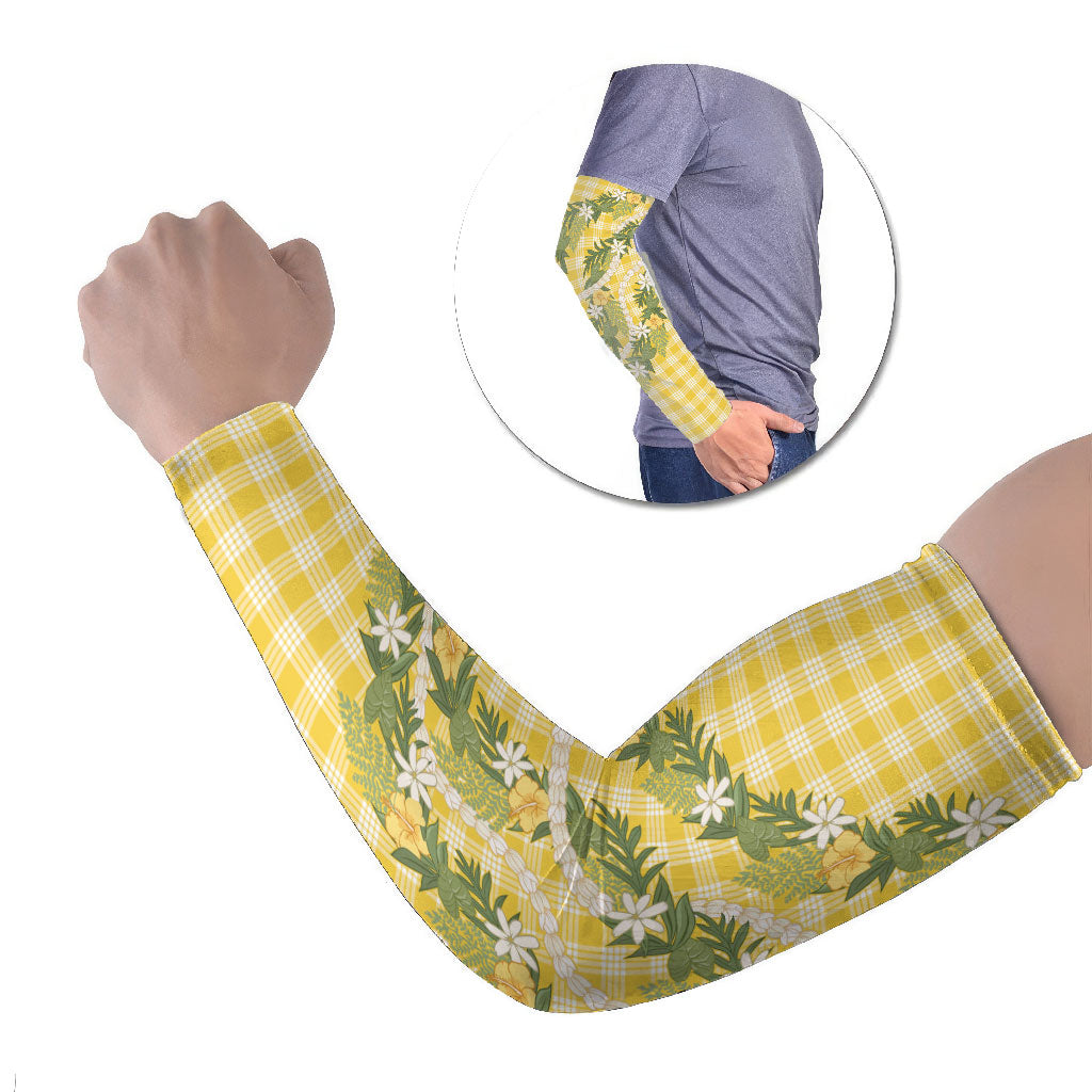 Aloha Puakenikeni Anthurium Pikake Lei Arm Sleeves Gold Hawaiian Palaka Pattern LT9 Set of 2 Gold - Polynesian Pride