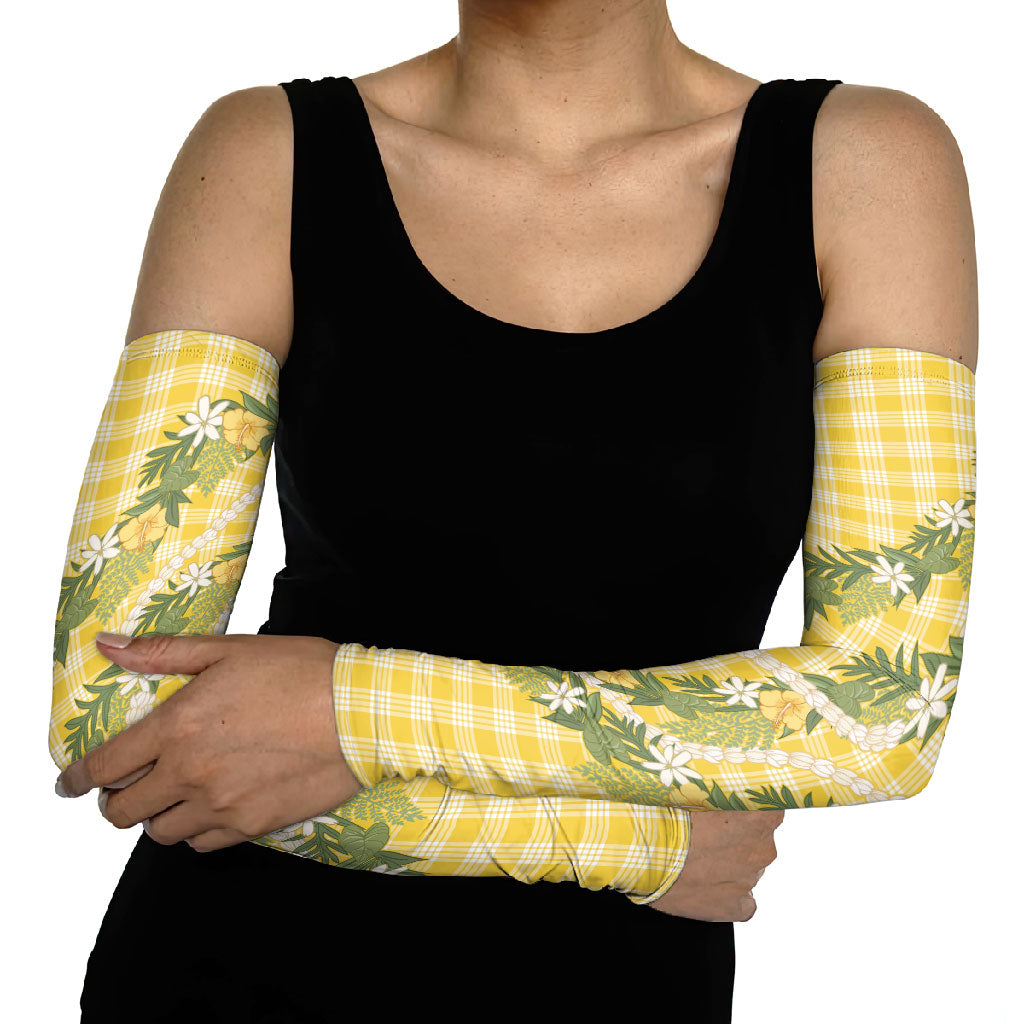 Aloha Puakenikeni Anthurium Pikake Lei Arm Sleeves Gold Hawaiian Palaka Pattern LT9 - Polynesian Pride