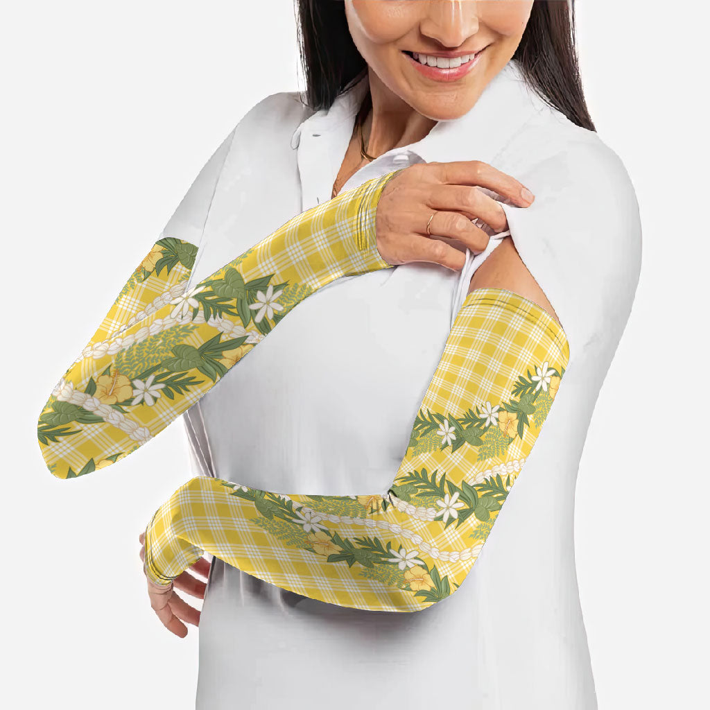 Aloha Puakenikeni Anthurium Pikake Lei Arm Sleeves Gold Hawaiian Palaka Pattern LT9 - Polynesian Pride