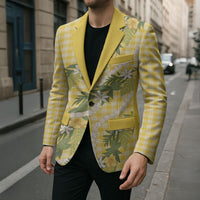 Aloha Puakenikeni Anthurium Pikake Lei Blazer Gold Hawaiian Palaka Pattern