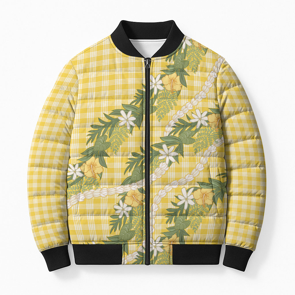 Aloha Puakenikeni Anthurium Pikake Lei Bomber Puffer Jacket Gold Hawaiian Palaka Pattern