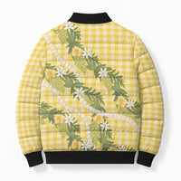 Aloha Puakenikeni Anthurium Pikake Lei Bomber Puffer Jacket Gold Hawaiian Palaka Pattern LT9 - Polynesian Pride