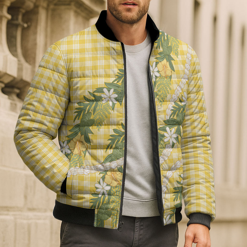 Aloha Puakenikeni Anthurium Pikake Lei Bomber Puffer Jacket Gold Hawaiian Palaka Pattern LT9 - Polynesian Pride