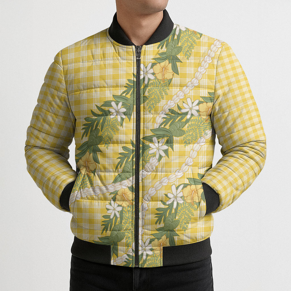 Aloha Puakenikeni Anthurium Pikake Lei Bomber Puffer Jacket Gold Hawaiian Palaka Pattern LT9 - Polynesian Pride
