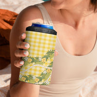 Aloha Puakenikeni Anthurium Pikake Lei 4 in 1 Can Cooler Tumbler Gold Hawaiian Palaka Pattern