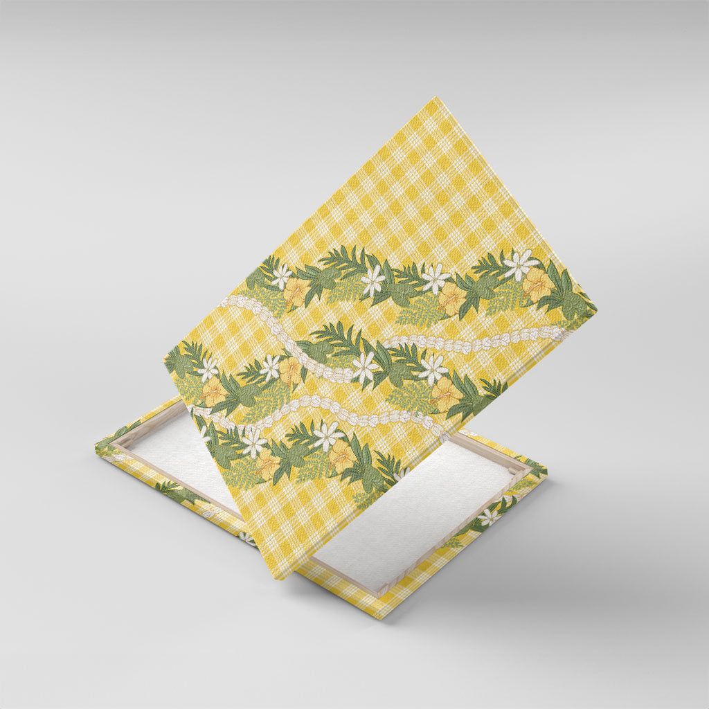 Aloha Puakenikeni Anthurium Pikake Lei Canvas Wall Art Gold Hawaiian Palaka Pattern