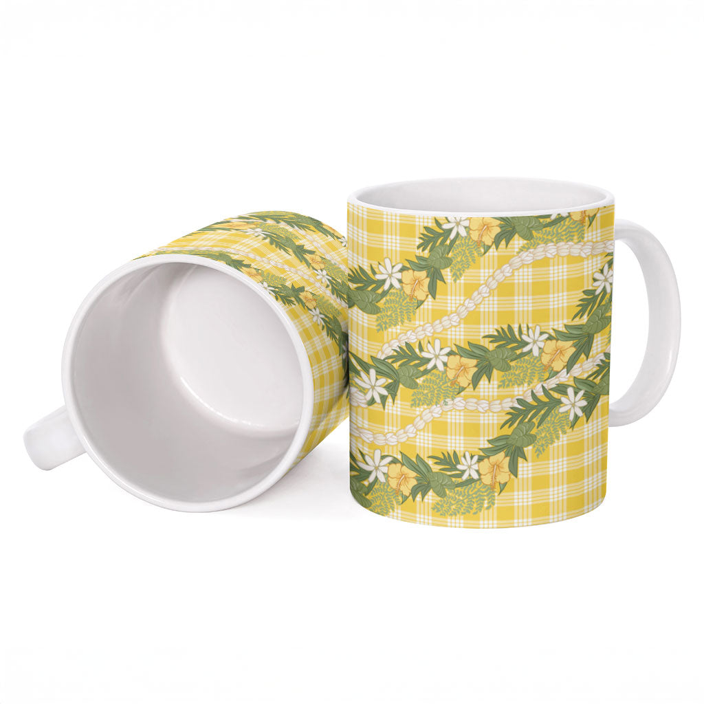 Aloha Puakenikeni Anthurium Pikake Lei Ceramic Mug Gold Hawaiian Palaka Pattern