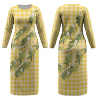 Aloha Puakenikeni Anthurium Pikake Lei Couples Matching Long Sleeve Bodycon Dress and Hawaiian Shirt Gold Hawaiian Palaka Pattern LT9 - Polynesian Pride